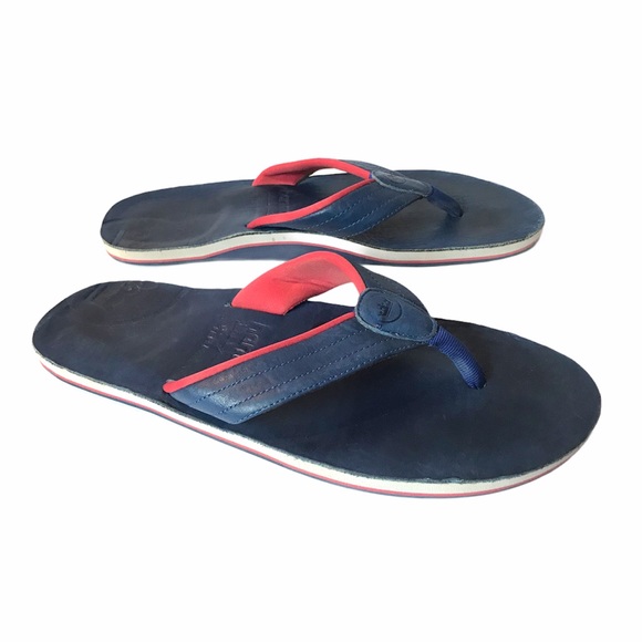 blue leather flip flops